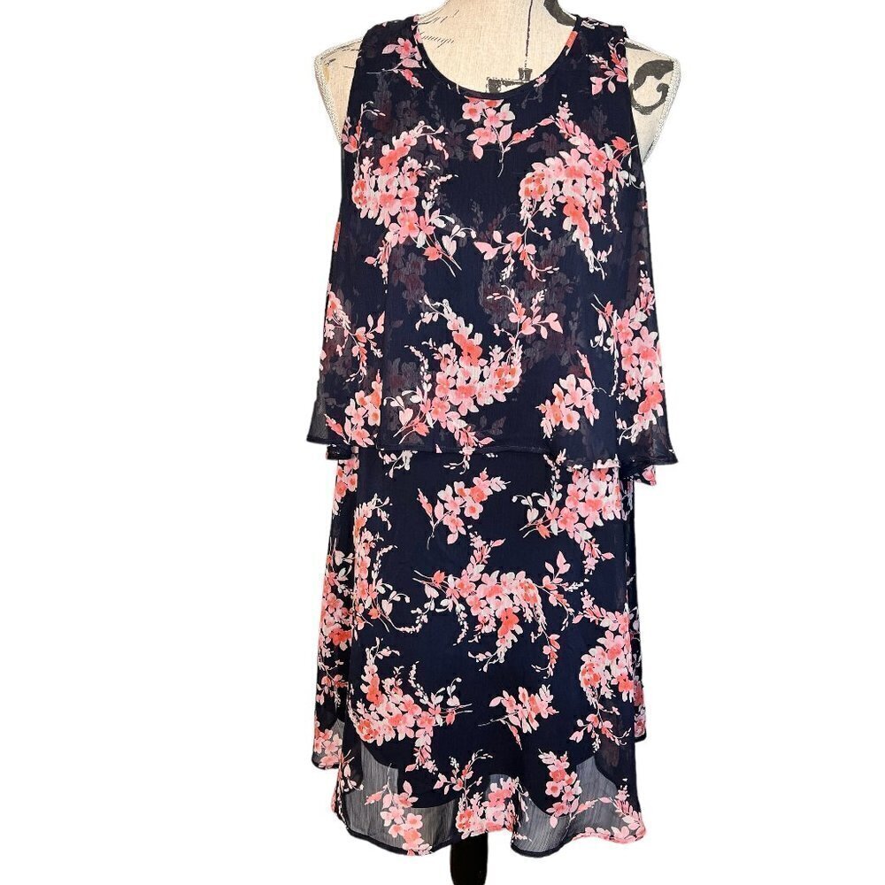 Tommy Hilfiger Dress Blue Pink Floral Layered Casual Spring Feminine Size 12